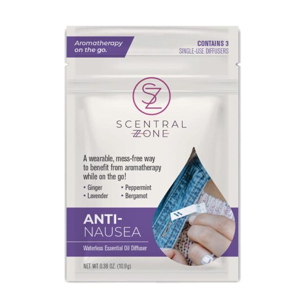 Scentral Zone's Anti-Nausea waterless essential oil diffuser pouch, a wearable, mess-free way to benefit from aromatherapy while on the go with ginger, peppermint, lavender and bergamot oils