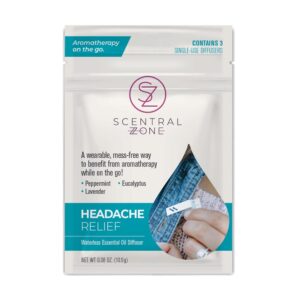 Scentral Zone's Headache Relief waterless essential oil diffuser pouch, a wearable, mess-free way to benefit from aromatherapy while on the go with peppermint, eucalyptus and lavender oils