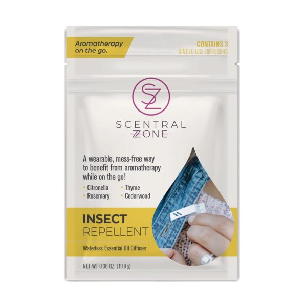 Scentral Zone's Insect Repellent waterless essential oil diffuser pouch, a wearable, mess-free way to benefit from aromatherapy while on the go with citronella, thyme, rosemary and cedarwood oils
