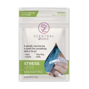 Scentral Zone's Stress Less waterless essential oil diffuser pouch, a wearable, mess-free way to benefit from aromatherapy while on the go with cassia, ylang ylang, lavender and vanilla oils
