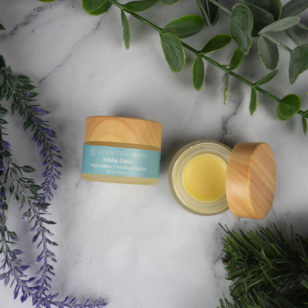 Make Dew Vegan Salve infused with pure essential oils and natural ingredients formulated to soothe and soften skin