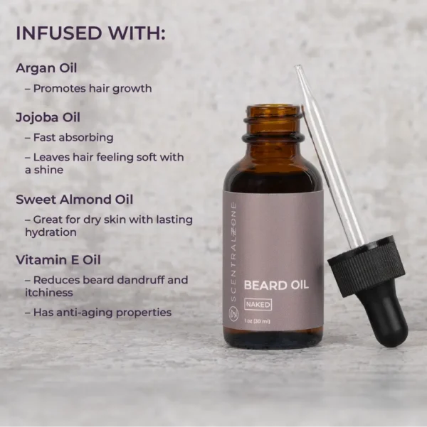 Scentral Zone beard oil ingredient list that highlights their benefits.