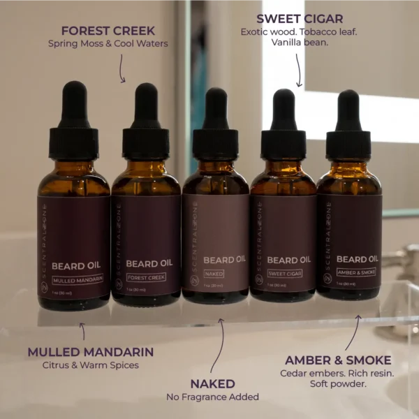 Scentral Zone's beard oils displayed with each scent and description.