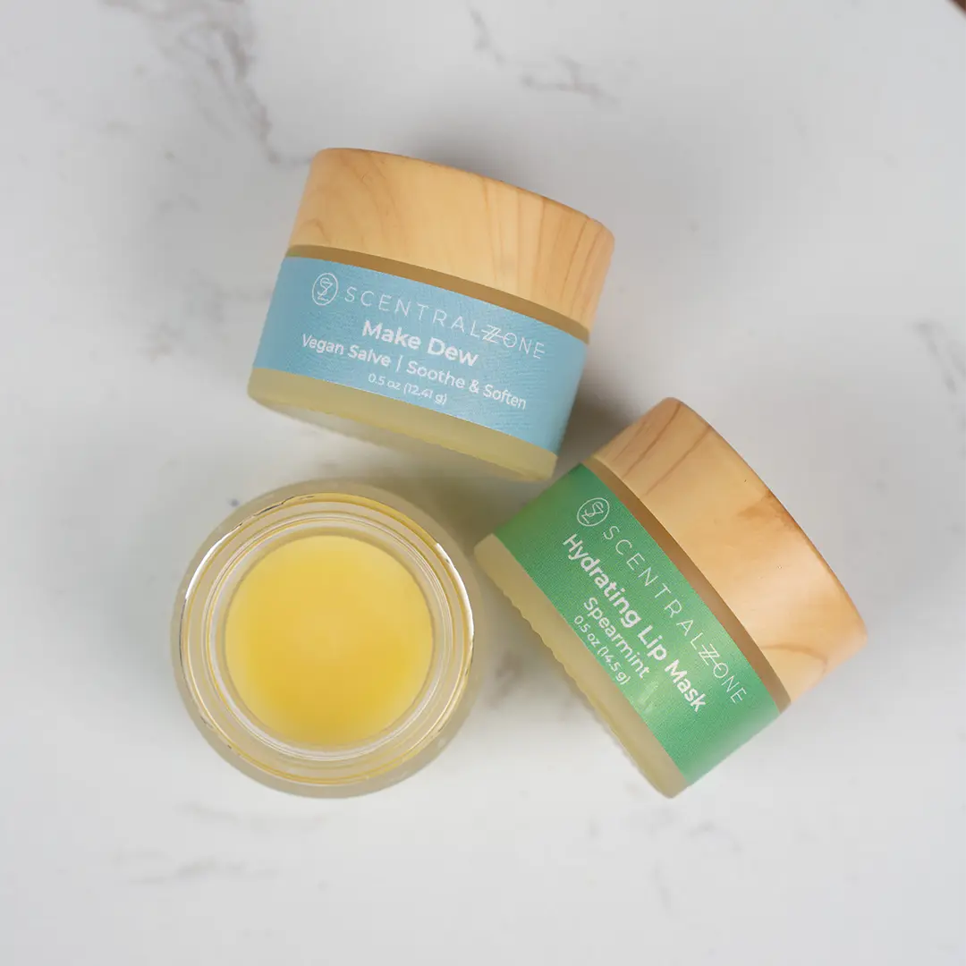 Make Dew Vegan Salve infused with pure essential oils and natural ingredients formulated to soothe and soften skin