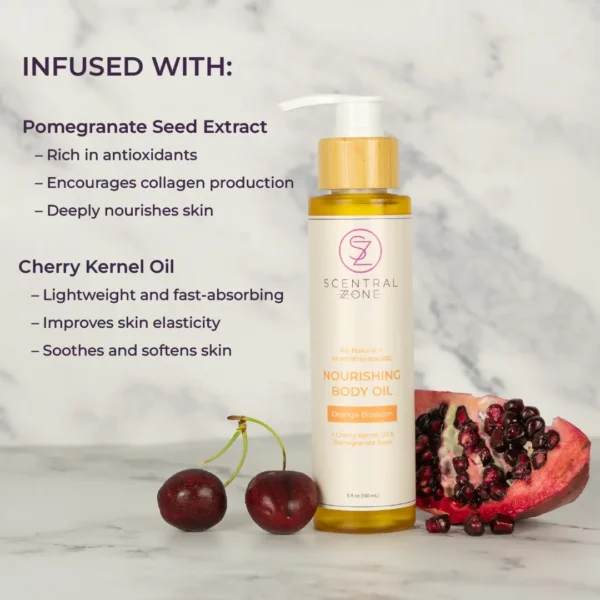 nourishing body oil infused with pomegranate seed extract and cherry kernel oil