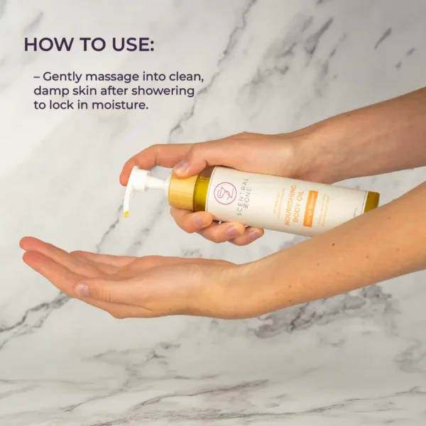 how to use nourishing body oil gently massage into clean damp skin after showering to lock in moisture
