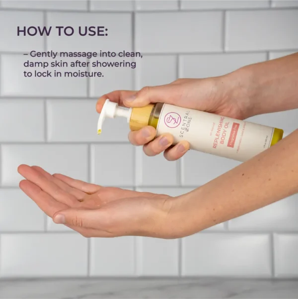 how to use replenishing body oil: gently massage into clean damp skin after showering to lock in moisture