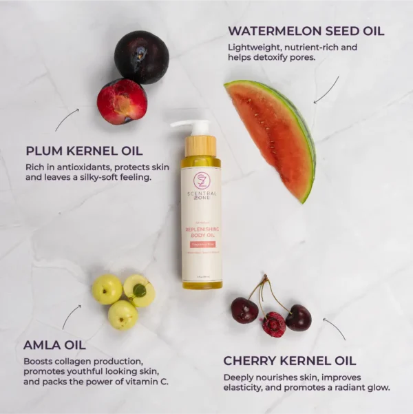 replenishing body oil ingredients watermelon seed oil, plum kernel oil, amla oil, cherry kernel oil