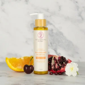 Scentral Zone's Nourishing Body Oil displayed with fresh ingredients